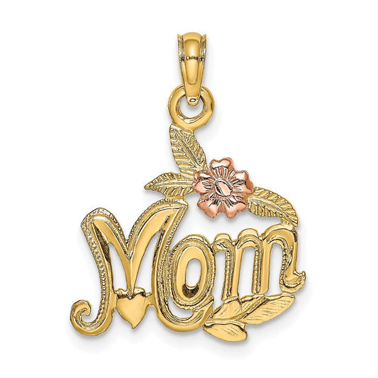 14k Two-tone Gold Polished MOM and Flower Pendant for Women