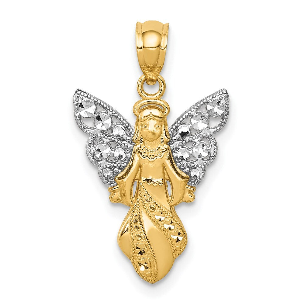14k Yellow Gold Rhodium Polished / Textured Angel Pendant for Women