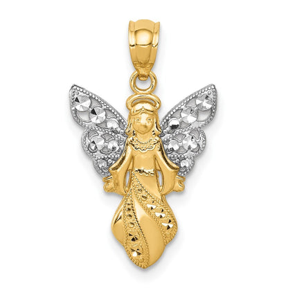 14k Yellow Gold Rhodium Polished / Textured Angel Pendant for Women