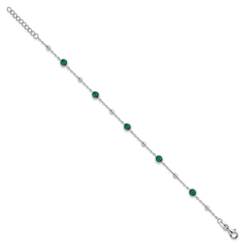 Sterling Silver and Beaded Bezel-set Round Green CZ 7" with 1" Ext Bracelet