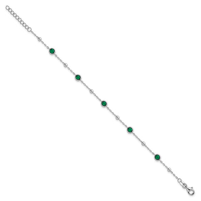 Sterling Silver and Beaded Bezel-set Round Green CZ 7" with 1" Ext Bracelet