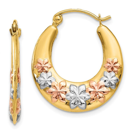 14k Yellow Gold & White and Rose Rhodium Hollow Flowers Hoop Earrings