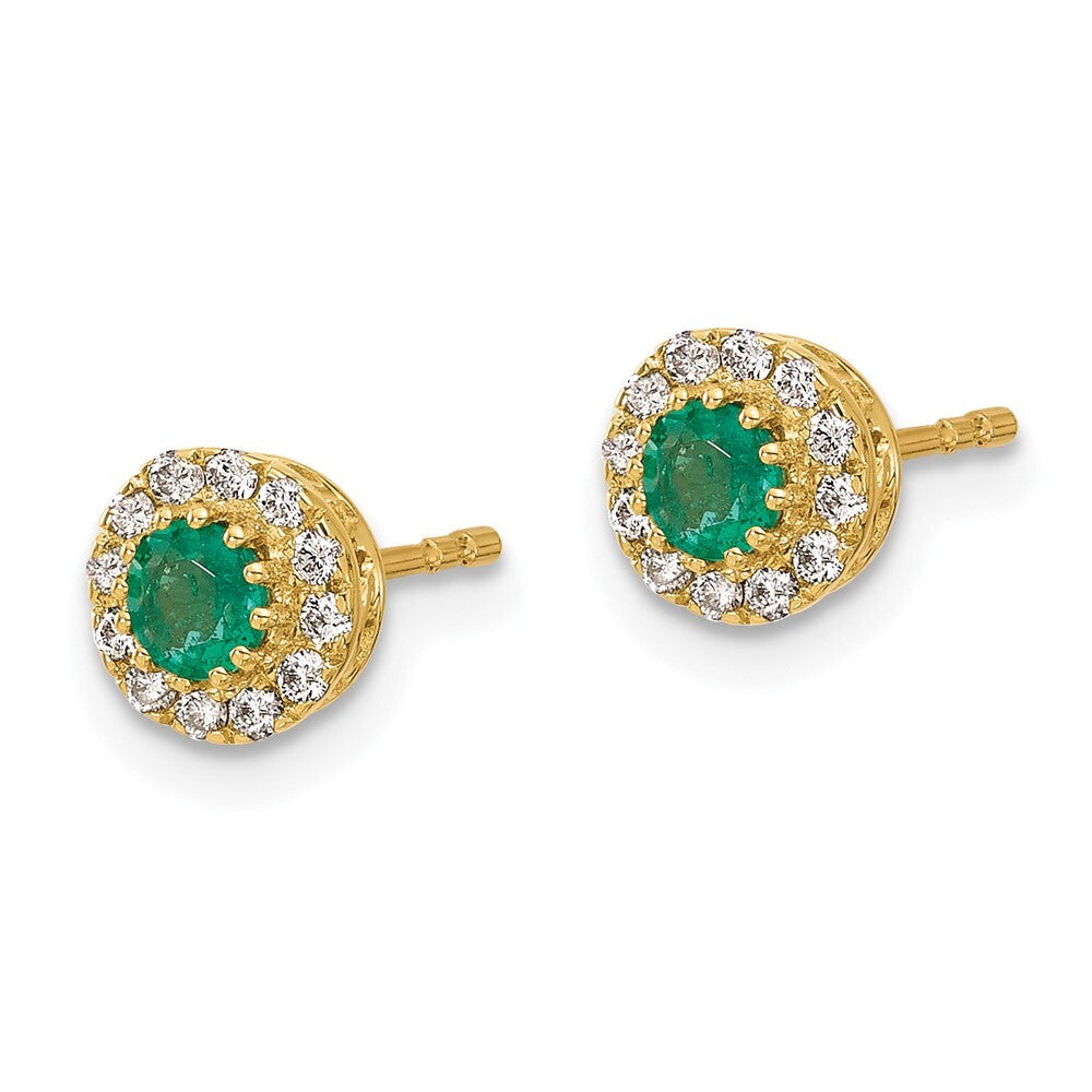 14k Yellow Gold Gold Diamond and Emerald Halo Stud Earrings