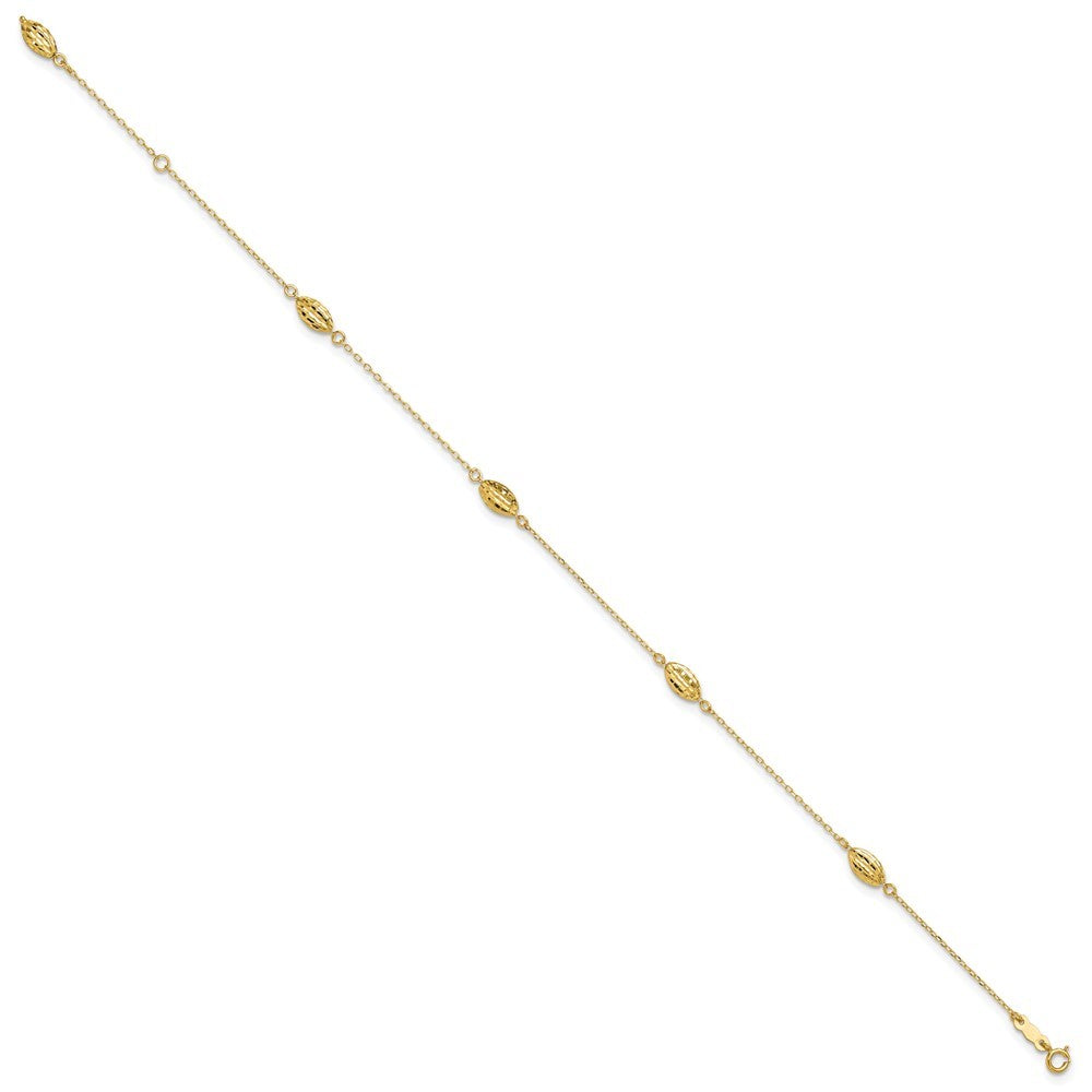14k Yellow Gold Diamond-cut Rice Puff Beads 4-Station 10" Anklet