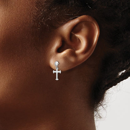 14K White Gold Polished Cross Dangle Earrings Gift for Women