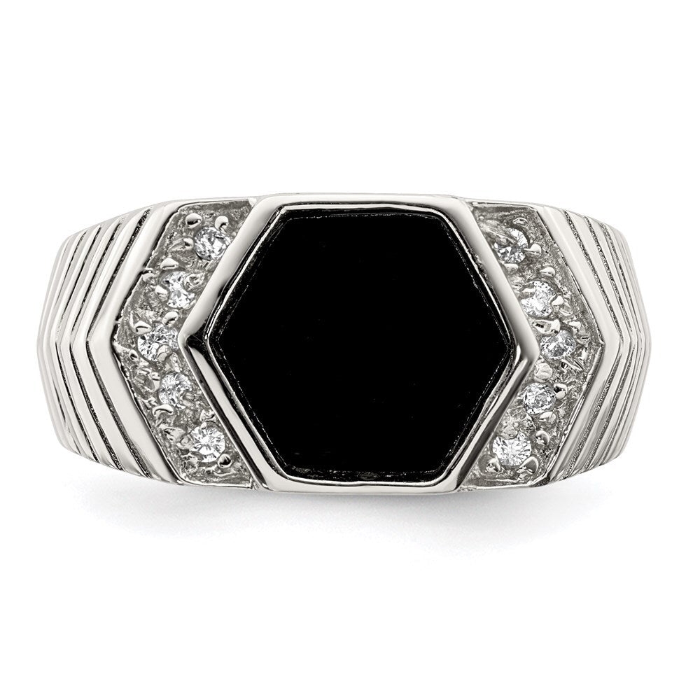 Sterling Silver Rhodium-plated Men's Cubic Zirconia and Onyx Ring Size 9