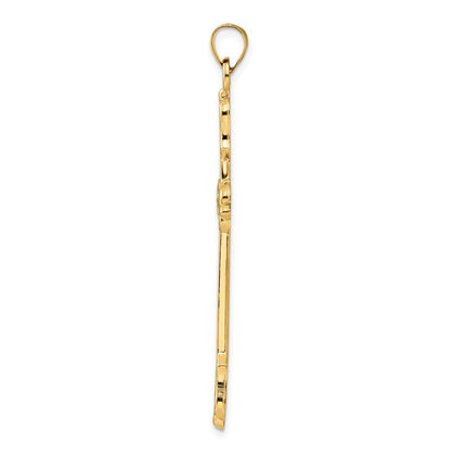 14k Yellow Gold Polished Diamond Pattern Hollow Cross Pendant for Women