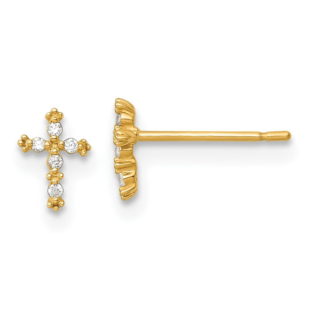 14k Yellow Gold Polished Cubic Zirconia Cross Stud Earrings Gift for Women