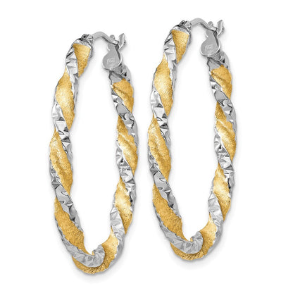 14k White Gold & Yellow Rhodium Twisted Diamond-Cut Oval Hoop Earrings