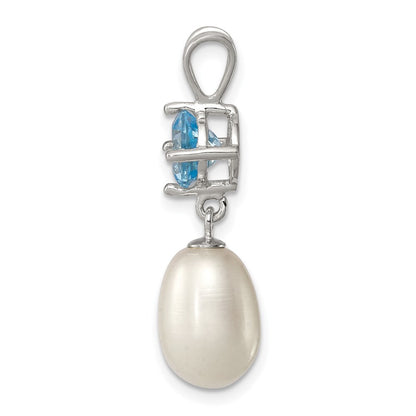 Sterling Silver 8-9mm White Freshwater Cultured Pearl and Blue Topaz Pendant