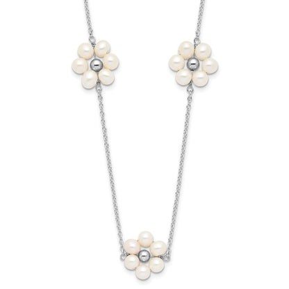 Sterling Silver 4mm Semi-Round Pearl Flower Pendant Necklace 17" w/ 1.75" Ext