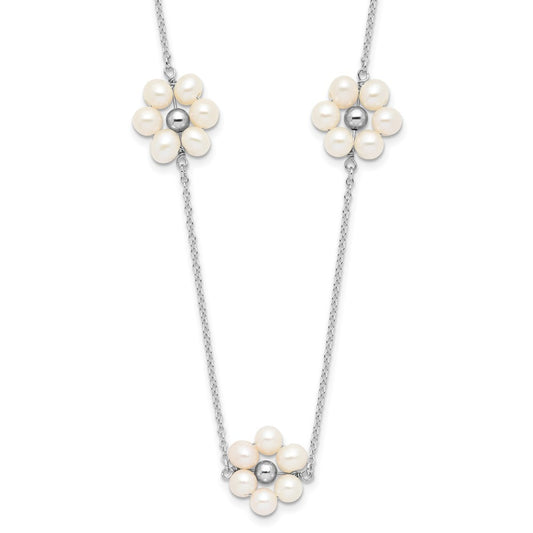 Sterling Silver 4mm Semi-Round Pearl Flower Pendant Necklace 17" w/ 1.75" Ext