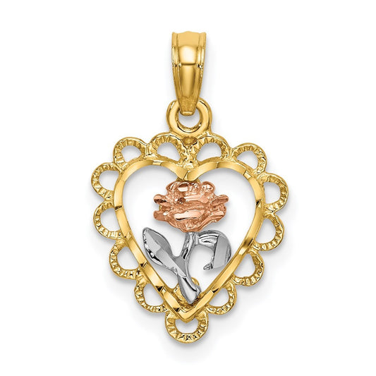 14k Two-tone with White Rhodium Heart with Rose and Lace Border Charm