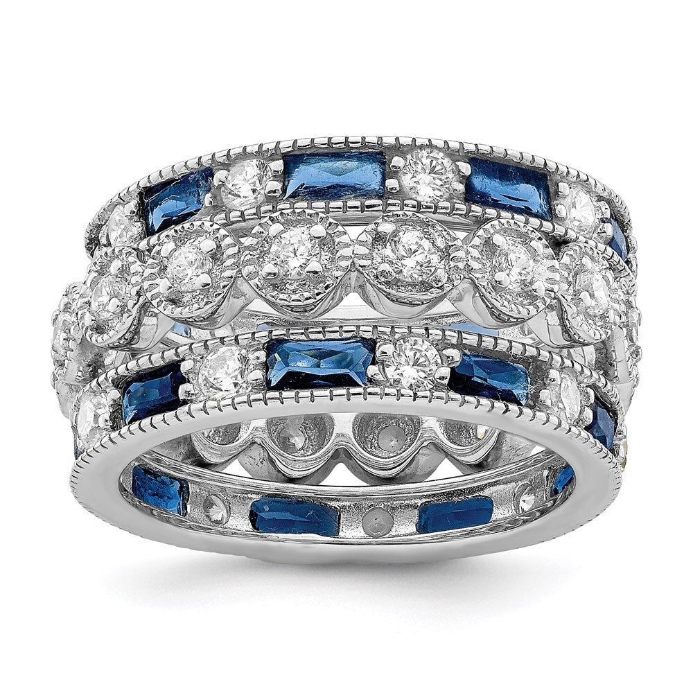Sterling Silver Rhod-pltd Triple Band Blue/White/Clear Circle Center Ring Size 8