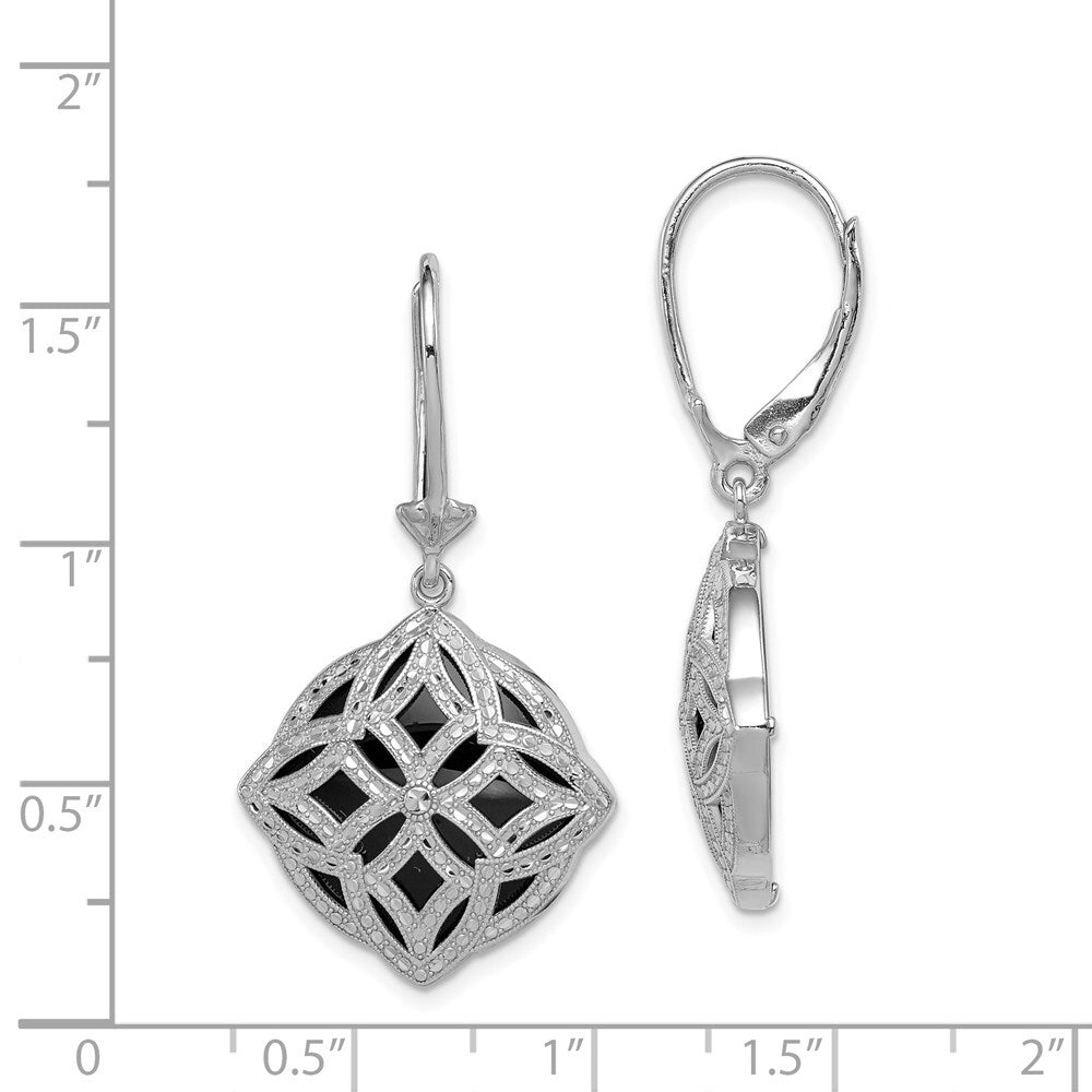 Sterling Silver Rhodium-plated Diamond-cut Onyx Leverback Dangle Earrings