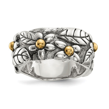 Sterling Silver 14k Antiqued Leaves & Flowers Band Ring Sz 8