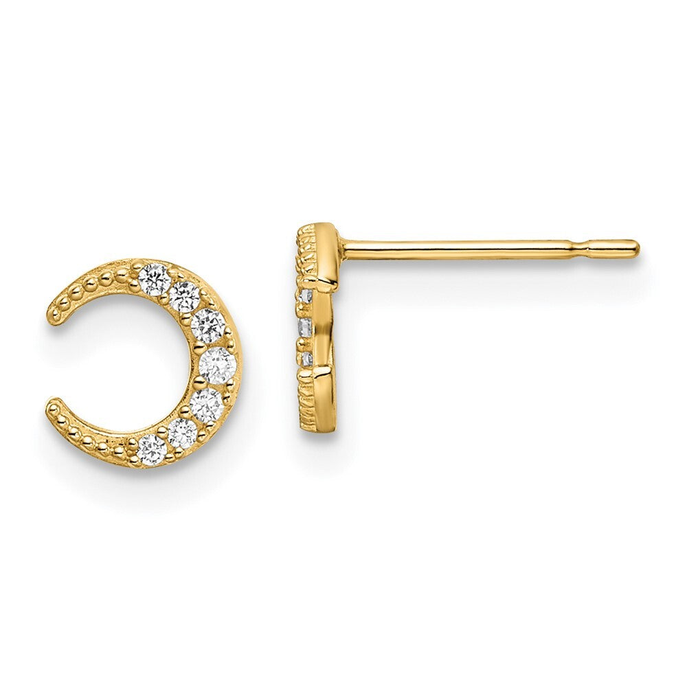14k Yellow Gold Cubic Zirconia Moon Stud Earrings Gift for Women