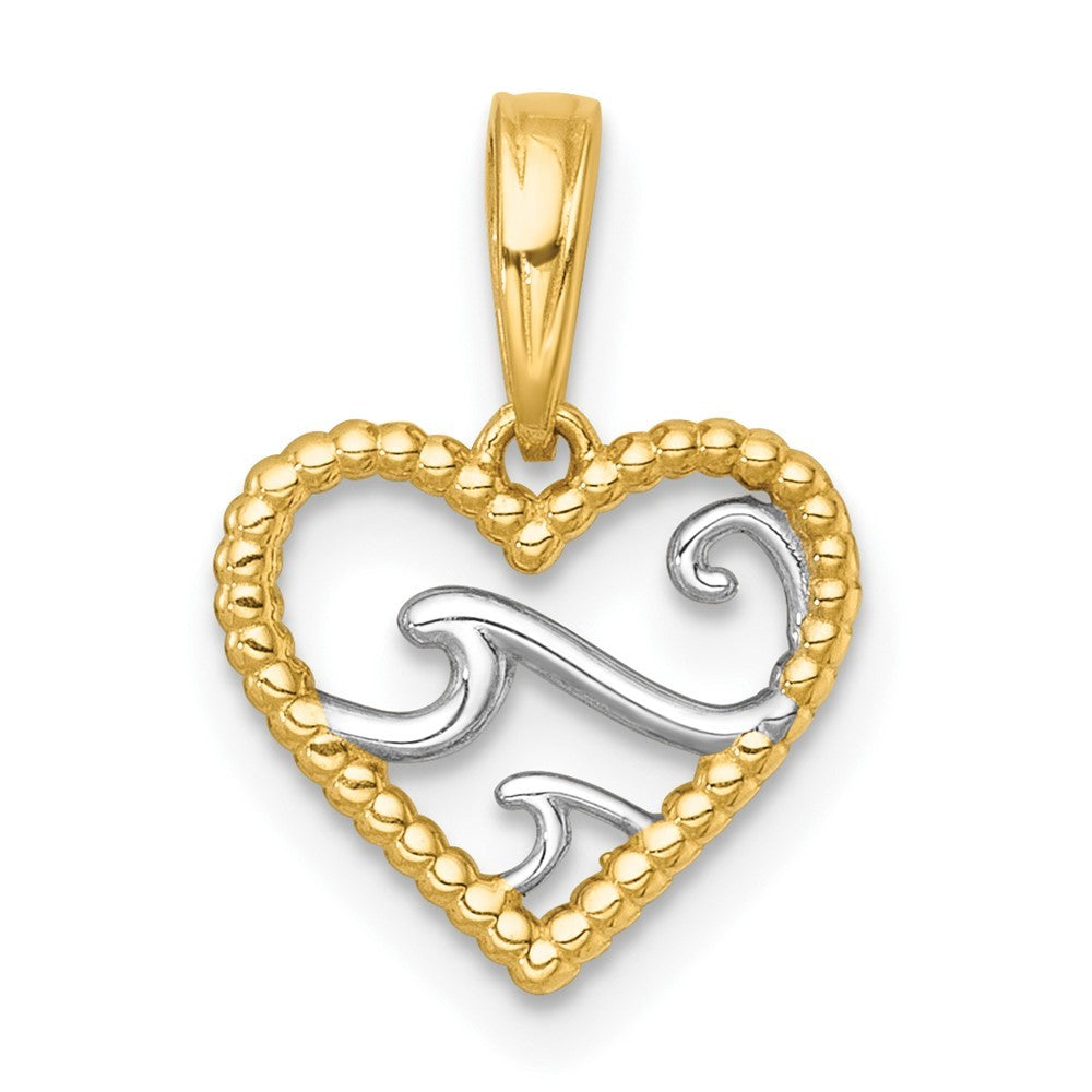14k Yellow Gold with White Rhodium Reversible Polished Waves In Heart Charm