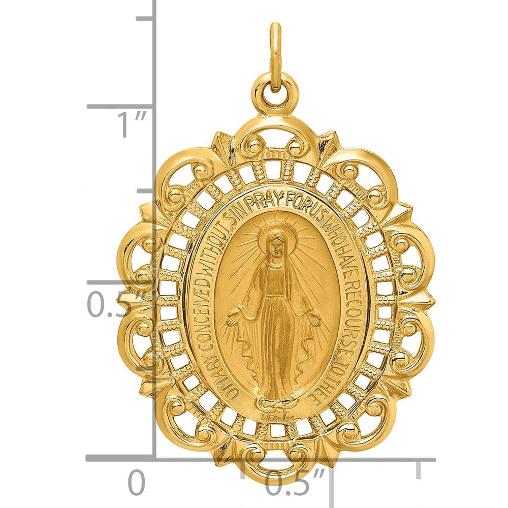 14k Yellow Gold Solid Polished Satin Fancy Pierced Oval Miraculous Medal