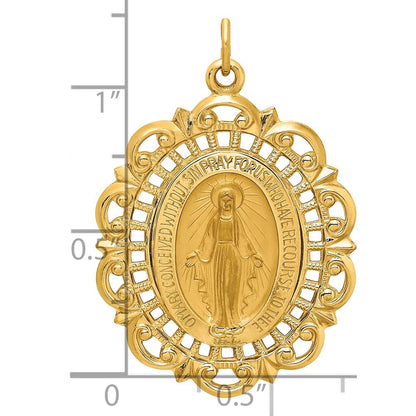 14k Yellow Gold Solid Polished Satin Fancy Pierced Oval Miraculous Medal