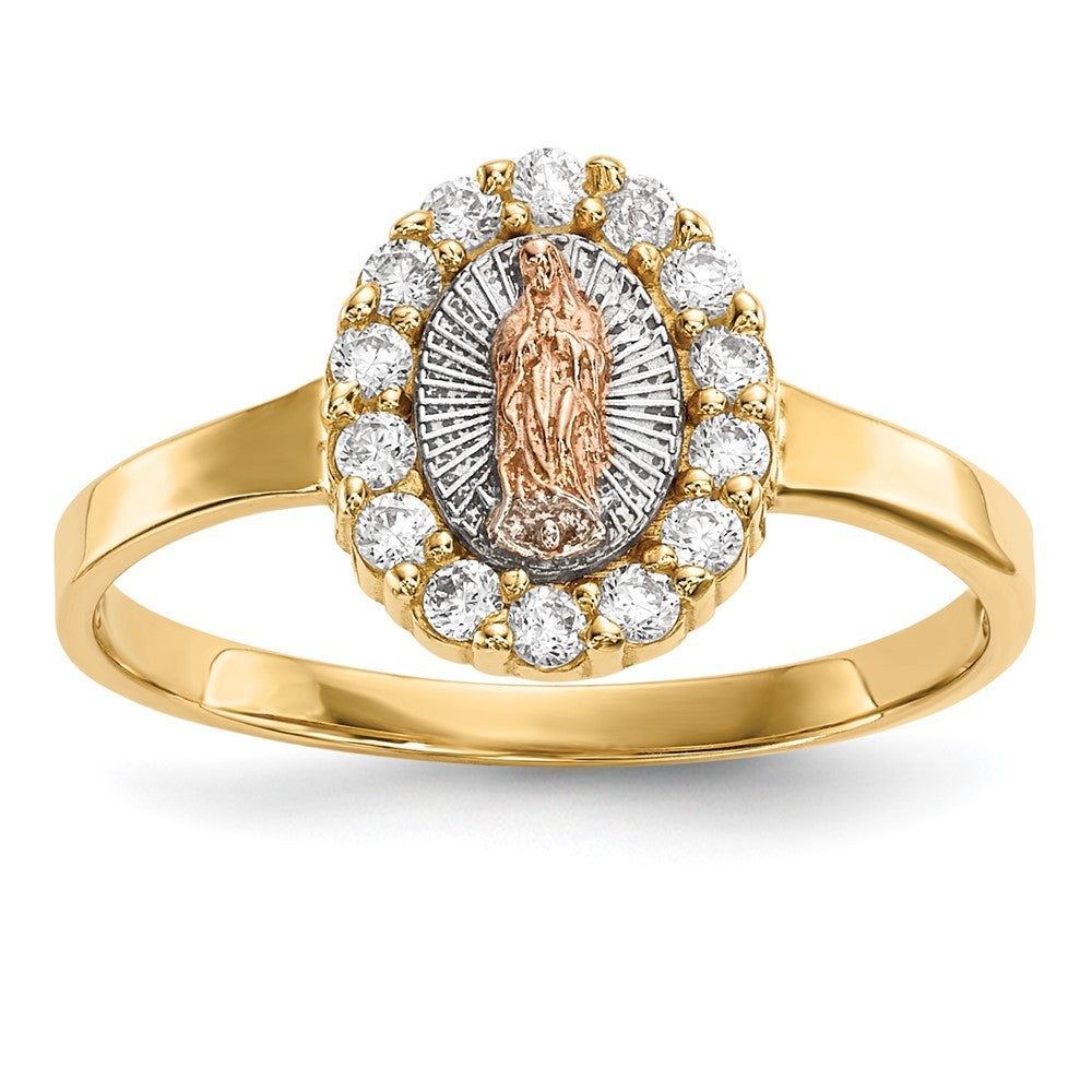14K Two-tone Gold White Rhodium CZ Lady of Guadalupe Ring