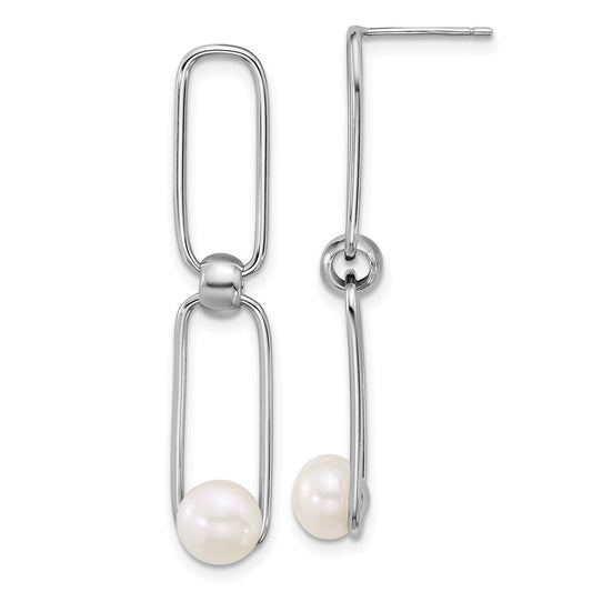Sterling Silver 6-7mm White Button Cultured Pearl Link Post Dangle Earrings