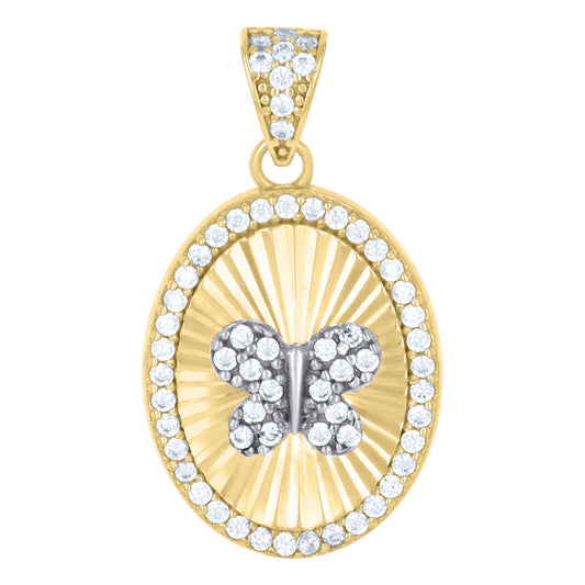 10k Two-tone Gold CZ Oval Medallion Butterfly Insect Wildlife Pendant