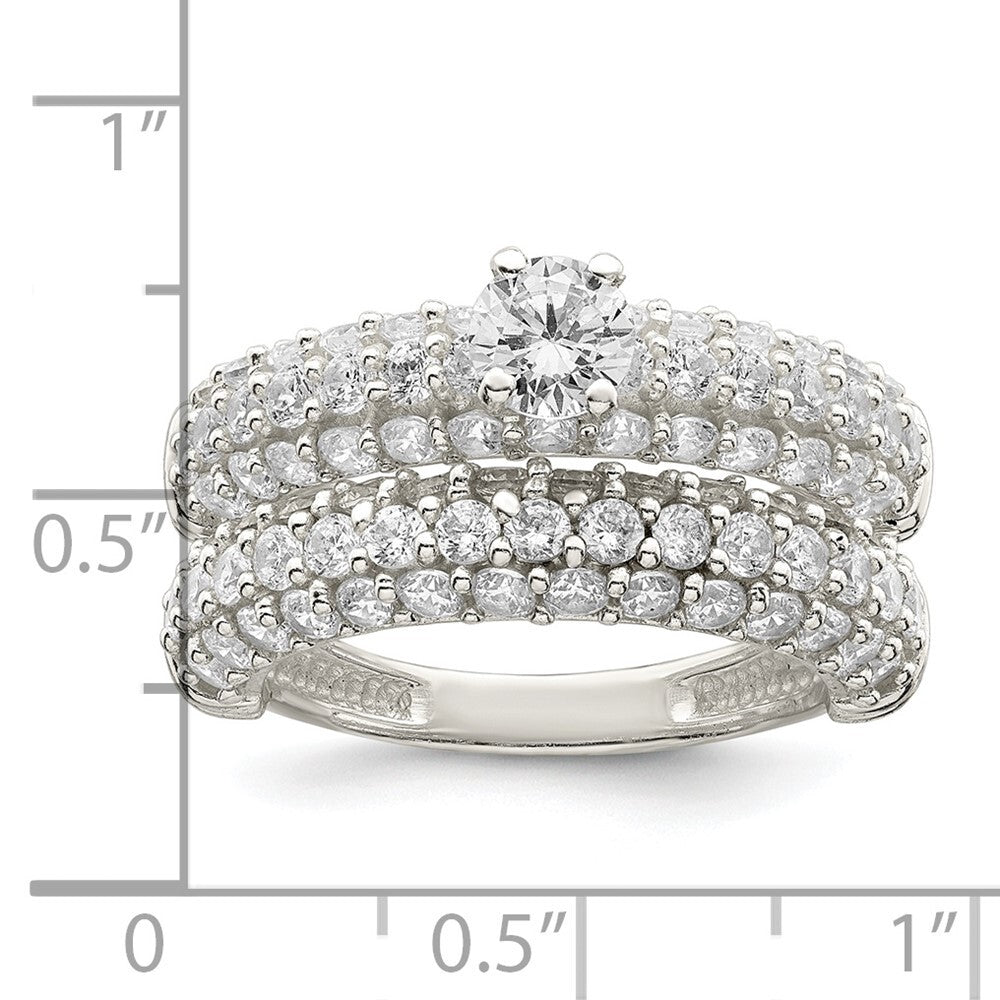 Sterling Silver Polished Pave CZ Wedding Ring Set Size 7