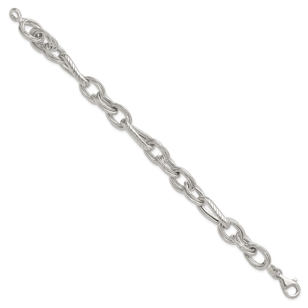 Sterling Silver Polished and Textured Triple Link and Twisted Link 8" Bracelet