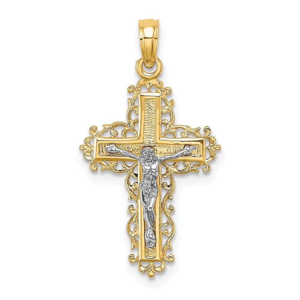 14k Two-tone Gold  Rhodium Textured Lace Trim Crucifix Charm Pendant for Women