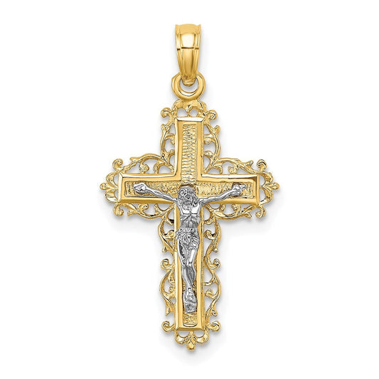 14k Two-tone Gold  Rhodium Textured Lace Trim Crucifix Charm Pendant for Women