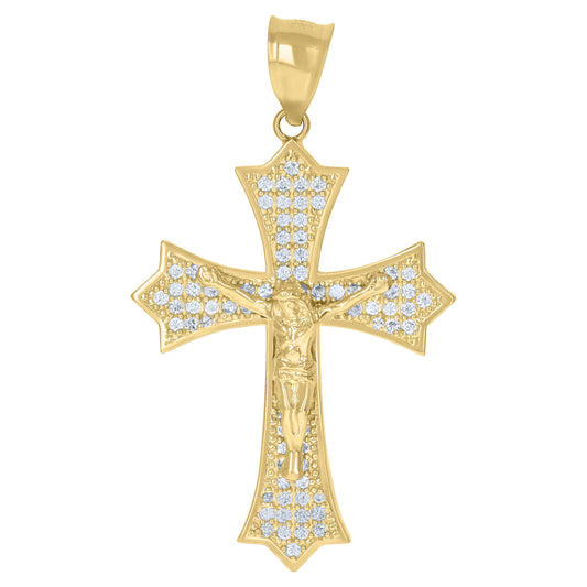 10k Yellow Gold Cubic-Zirconia Religious Fleur De Lis Crucifix Cross Pendant