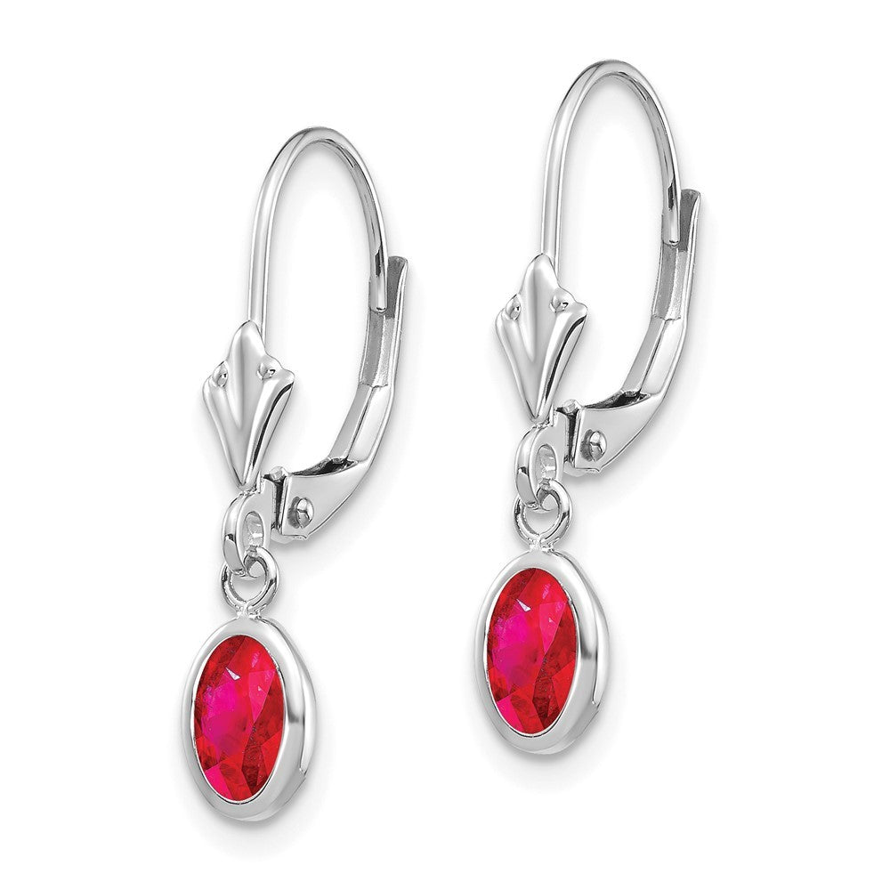 14k White Gold 6x4 Oval Bezel Ruby Drop Dangle Earrings
