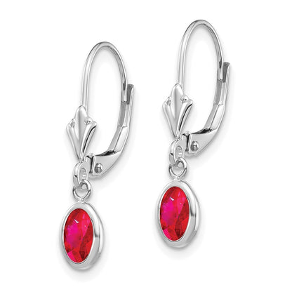14k White Gold 6x4 Oval Bezel Ruby Drop Dangle Earrings