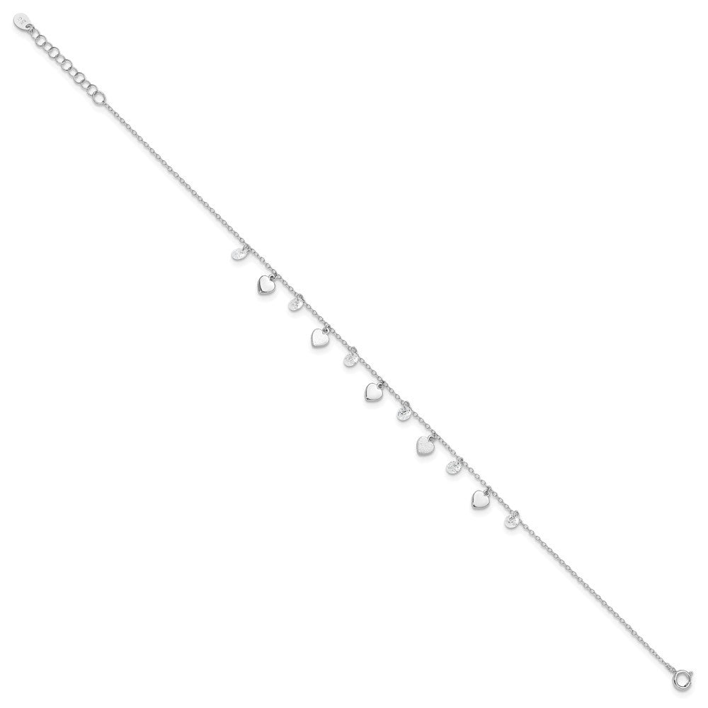 Sterling Silver Rhodium-plated Hearts and CZ 8.75" Plus 1" Extender 9.75" Anklet