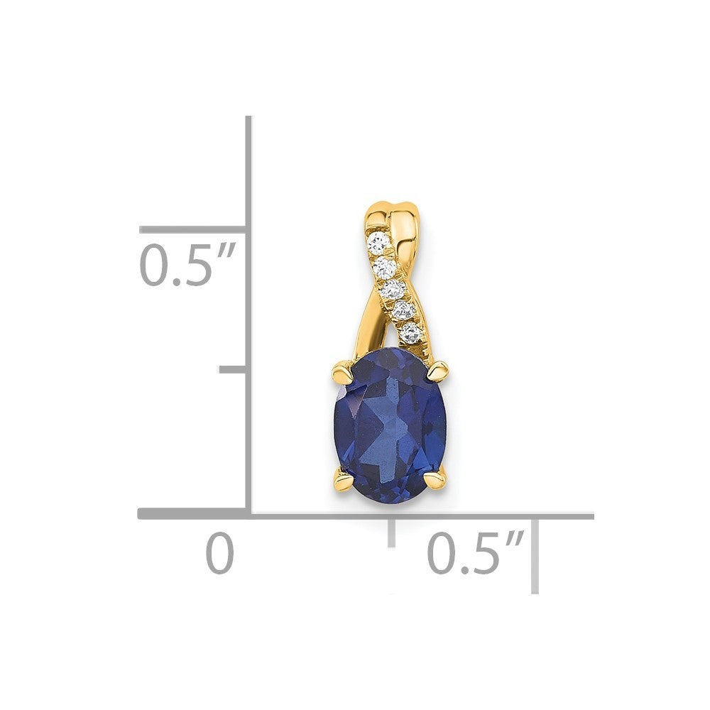 14k Yellow Gold Oval Created Sapphire and Diamond Pendant