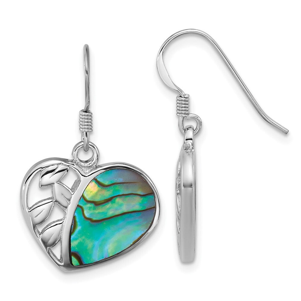 Sterling Silver Rhodium-plated Polished Abalone Heart Dangle Earrings