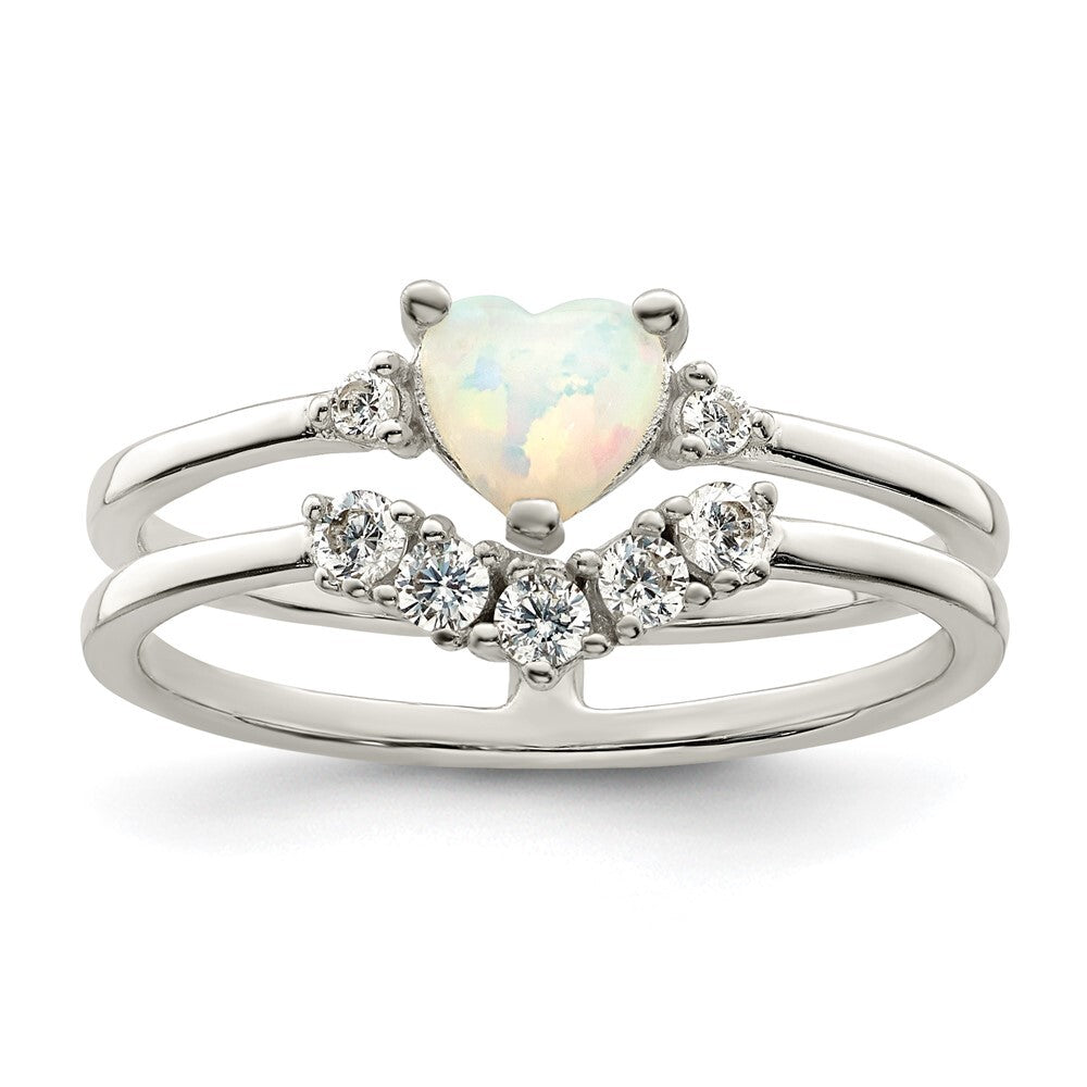 Sterling Silver CZ & Heart Created White Opal Double Band Ring Size 6