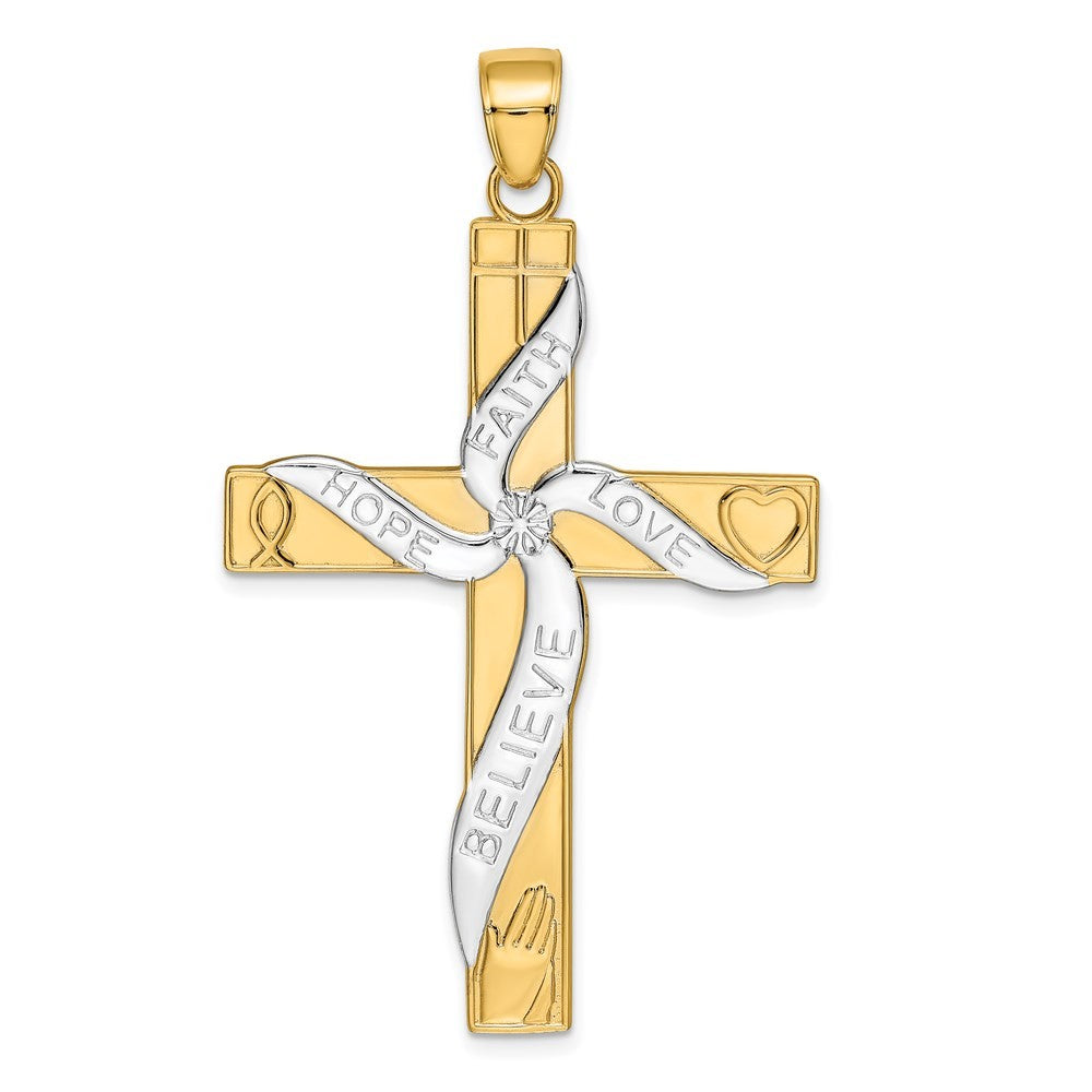 14k Yellow Gold w Rhodium HOPE FAITH LOVE BELIEVE Cross Pendant