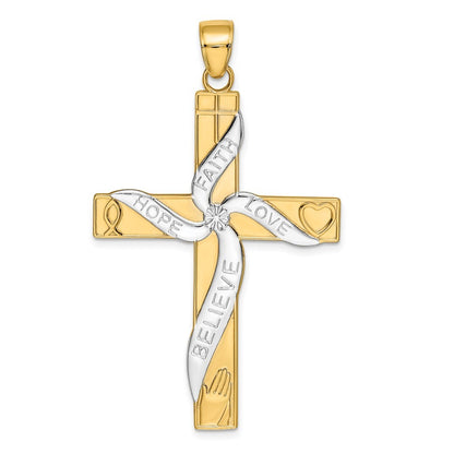 14k Yellow Gold w Rhodium HOPE FAITH LOVE BELIEVE Cross Pendant