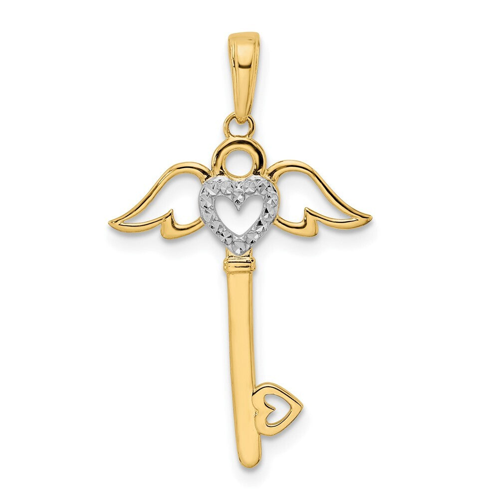 14k Yellow Gold and White Rhodium Diamond-cut Heart/ Angel Wings Key Pendant