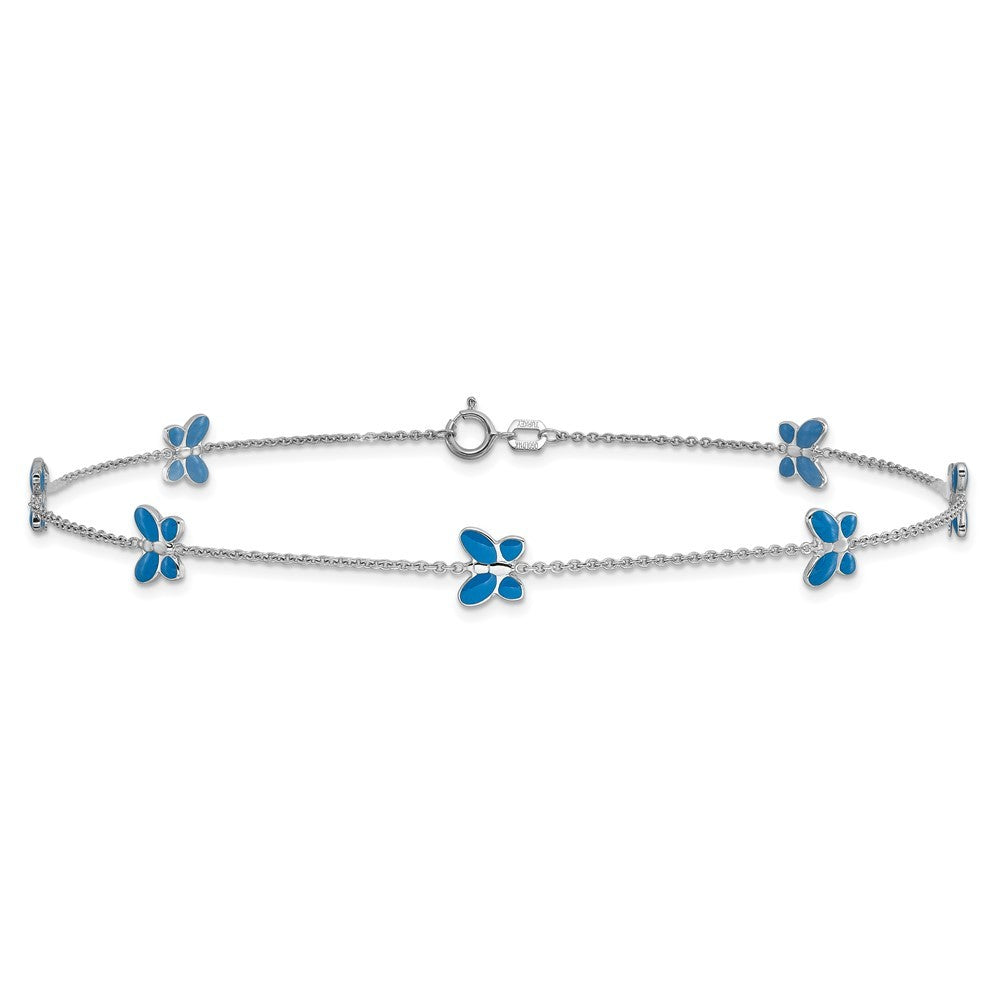 14k White Gold Blue Enameled Butterflies 7-Station 10 inch Anklet