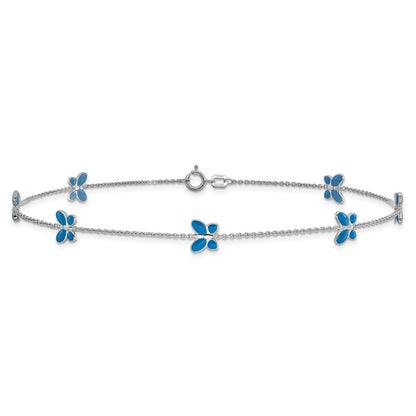 14k White Gold Blue Enameled Butterflies 7-Station 10 inch Anklet