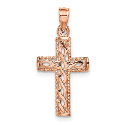 14k Rose Gold Rose Polished Braided Cross Pendant for Women