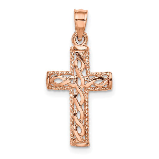 14k Rose Gold Rose Polished Braided Cross Pendant for Women