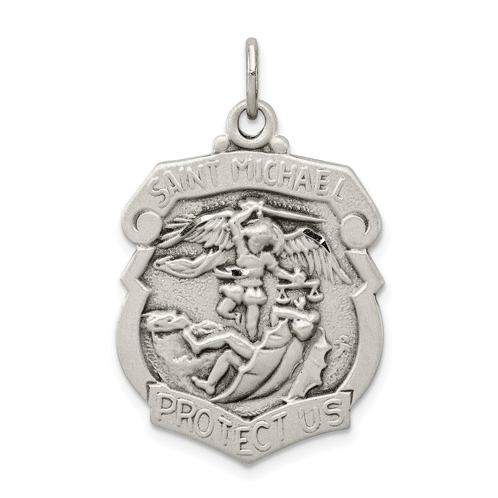 Sterling Silver Antiqued Diamond-Cut St. Michael Badge Medal