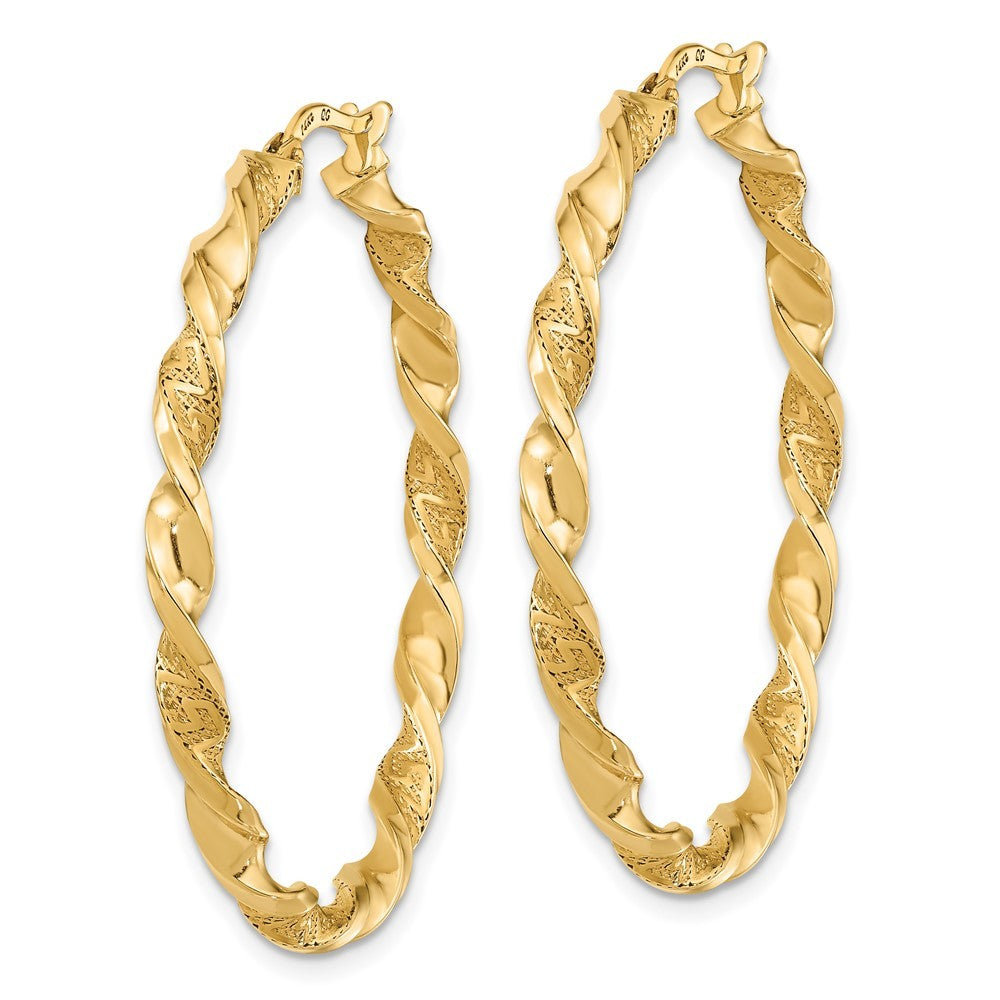 14k Yellow Gold Polished and Textured Twisted Hoop Earrings