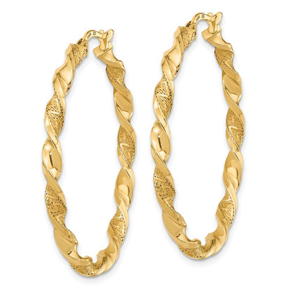 14k Yellow Gold Polished and Textured Twisted Hoop Earrings