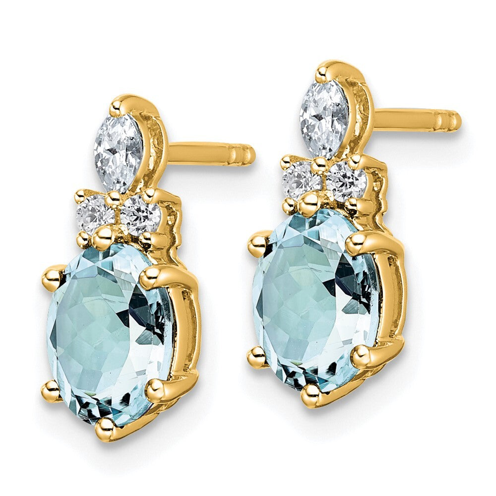14k Yellow Gold Polished Diamond and Aquamarine Twisted Drop & Dangle Earrings