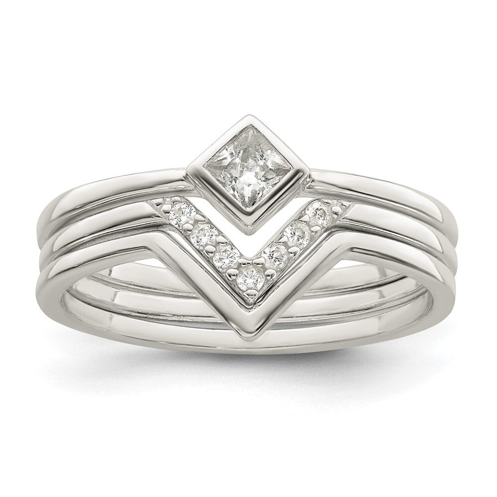 Sterling Silver Polished Square CZ 3 Ring Set Size 6